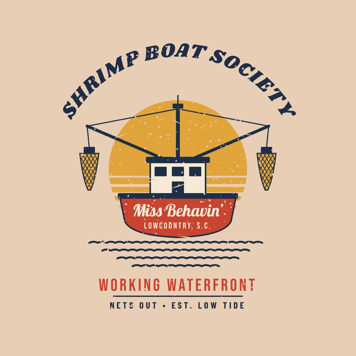 Close-up of the trawler print: a red transom with script boat name, cream wheelhouse, mesh nets and a speckled sunrise.