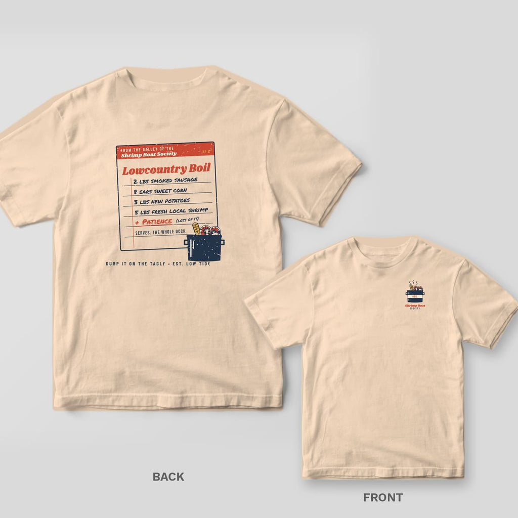 Ivory Comfort Colors tee shown back and front: a Lowcountry Boil recipe card on the back and a small boil pot logo on the left chest.