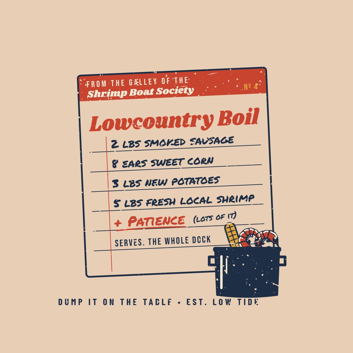 Close-up of the recipe card print: navy ruled lines, marker-style handwriting, a red underlined Patience and a navy stock pot.