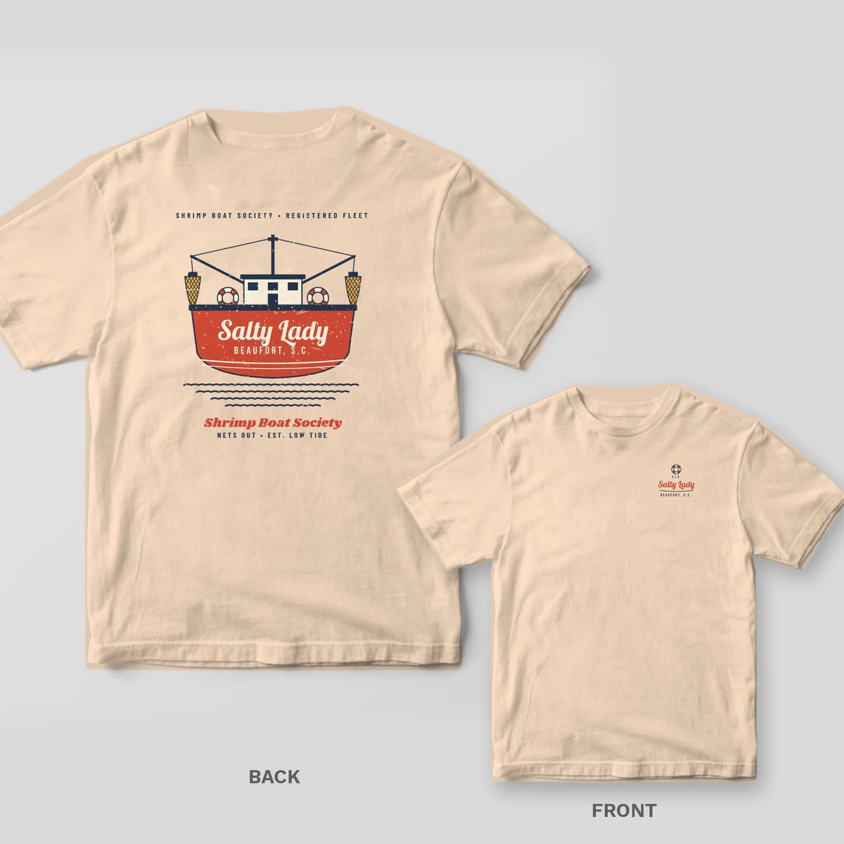 Ivory Comfort Colors tee shown back and front: a personalized shrimp boat stern reading Salty Lady, Beaufort S.C. on the back and the boat name in script on the left chest.
