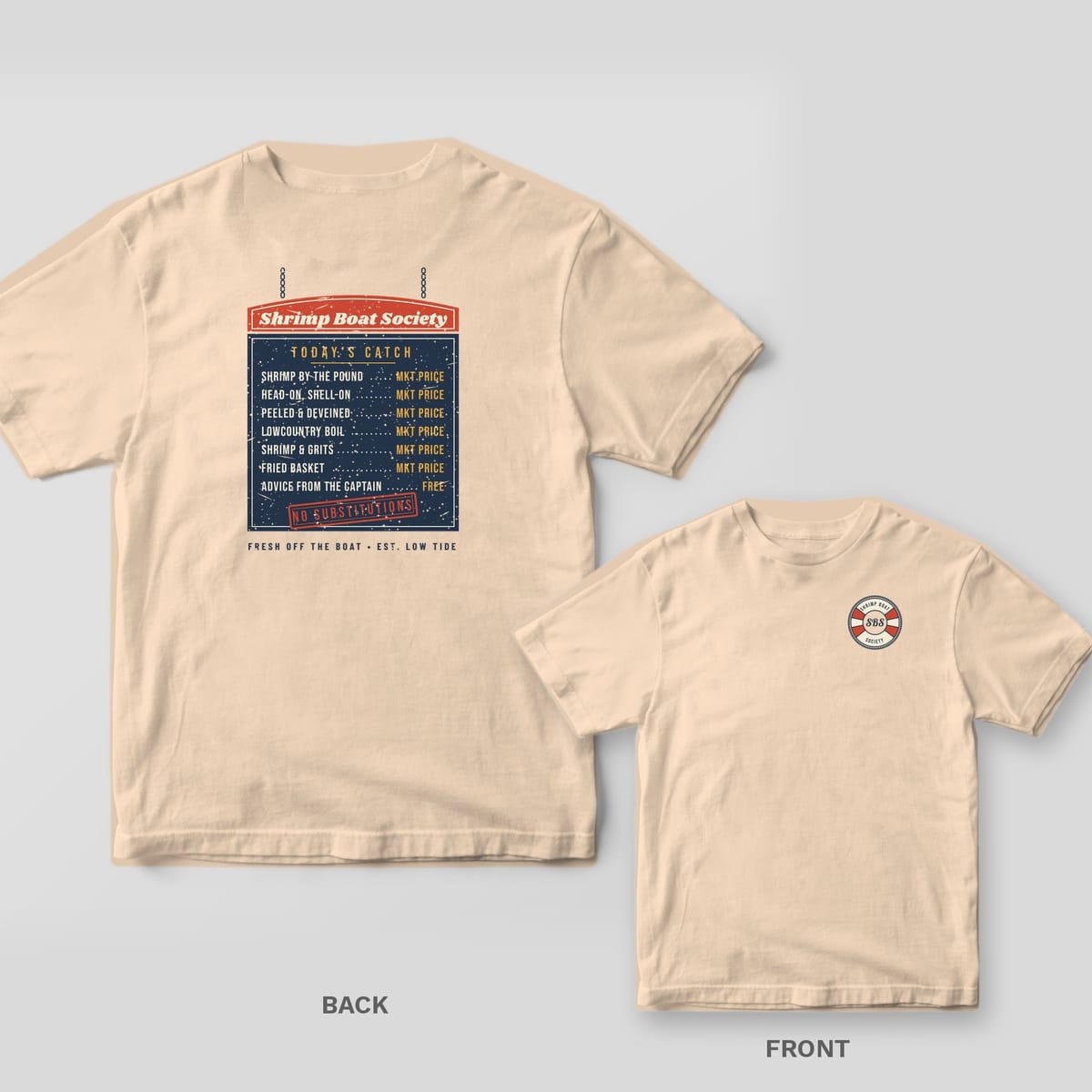 Ivory Comfort Colors tee shown back and front: a navy seafood-shack menu board on the back and a small life ring monogram on the left chest.