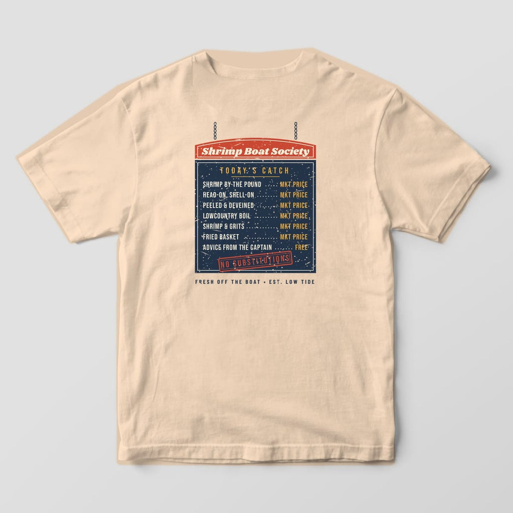 Back of an Ivory Comfort Colors 1717 tee with a hanging menu board listing shrimp dishes at market price, a free Advice From the Captain line and a No Substitutions stamp.