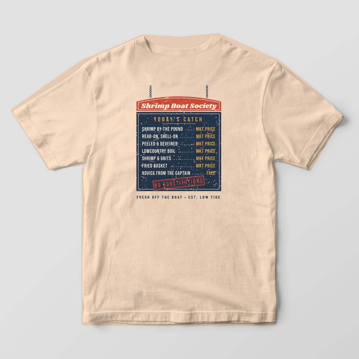 Back of an Ivory Comfort Colors 1717 tee with a hanging menu board listing shrimp dishes at market price, a free Advice From the Captain line and a No Substitutions stamp.