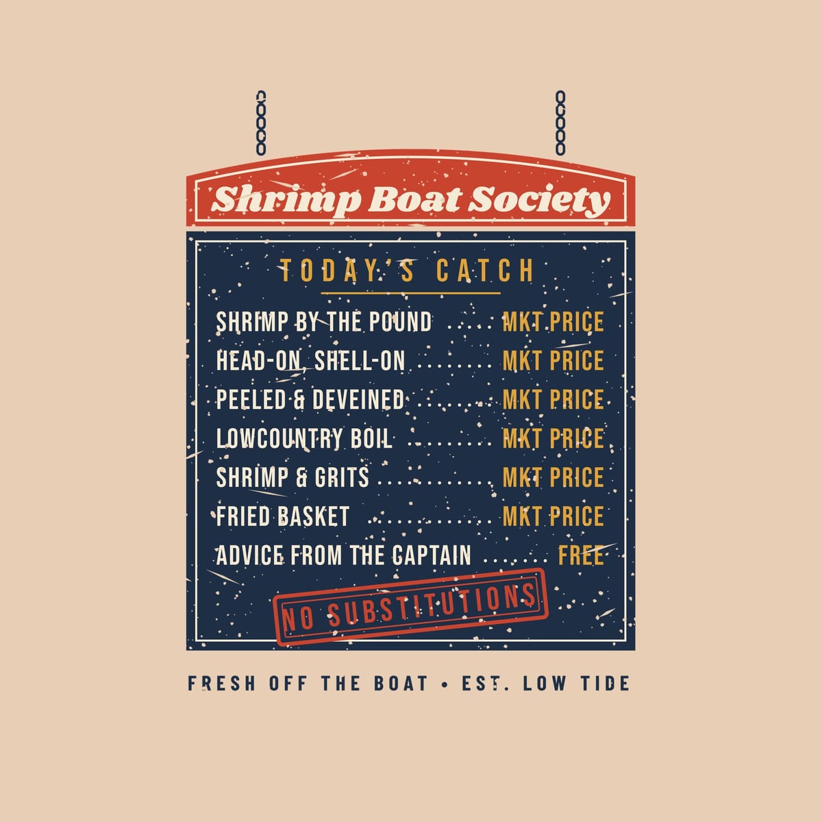 Close-up of the menu board print: cream and gold lettering with dotted leaders on navy, a red arched sign and a tilted red stamp.