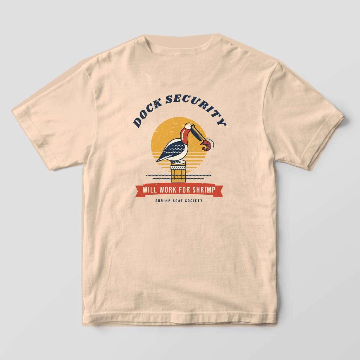 Back of an ivory Comfort Colors 1717 tee with the Dock Security pelican print