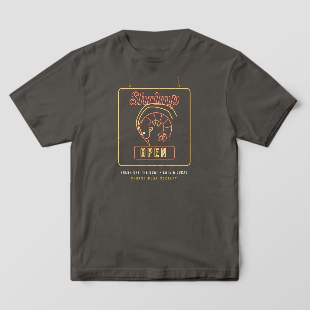 Pepper Comfort Colors tee with a full-front neon-style sign print of a shrimp and the word OPEN