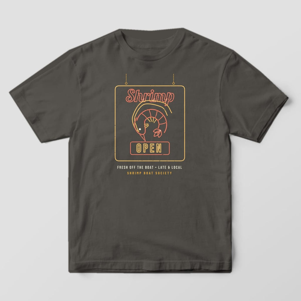 Front of a pepper Comfort Colors 1717 tee showing the neon shrimp sign print centered on the chest