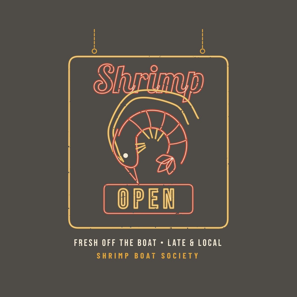 Close-up of the neon sign print: red and gold tube-style lines with cream highlights forming a shrimp and an OPEN sign