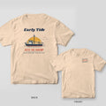 Ivory Comfort Colors tee back with a shrimp trawler at sunrise and Early Tide Gets the Shrimp text, with the Nets Out chest stamp inset