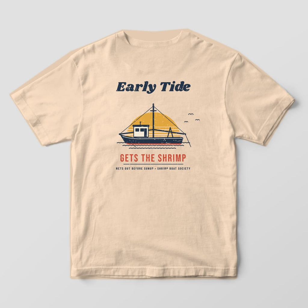 Back of an ivory Comfort Colors 1717 tee with the Early Tide shrimp trawler sunrise print