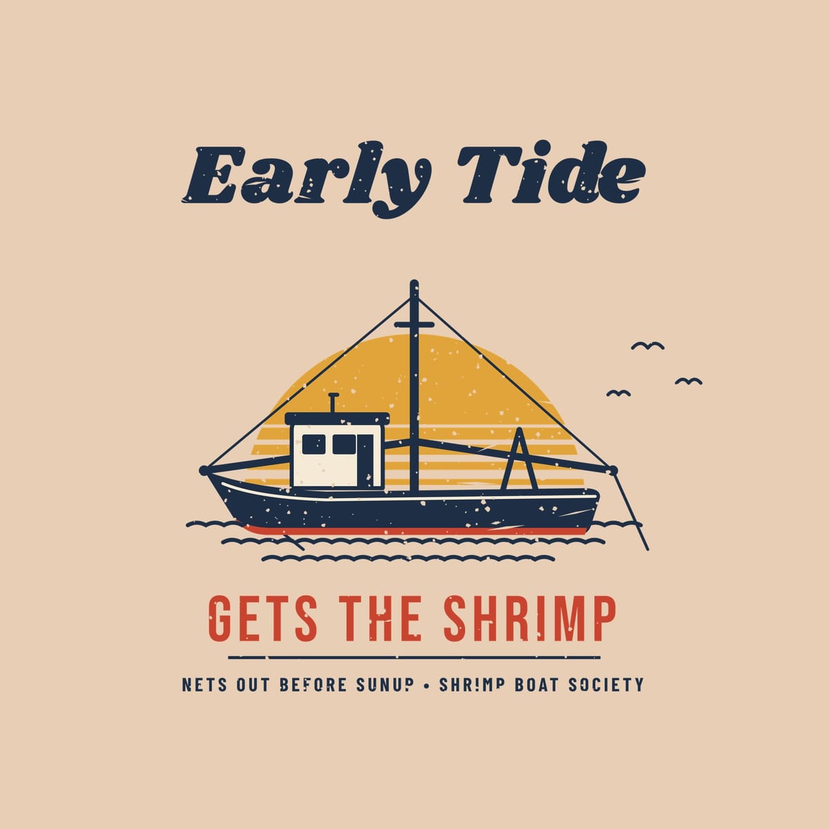 Close-up of the trawler print: navy boat with outriggers down, gold striped sun, wave lines and red Gets the Shrimp lettering