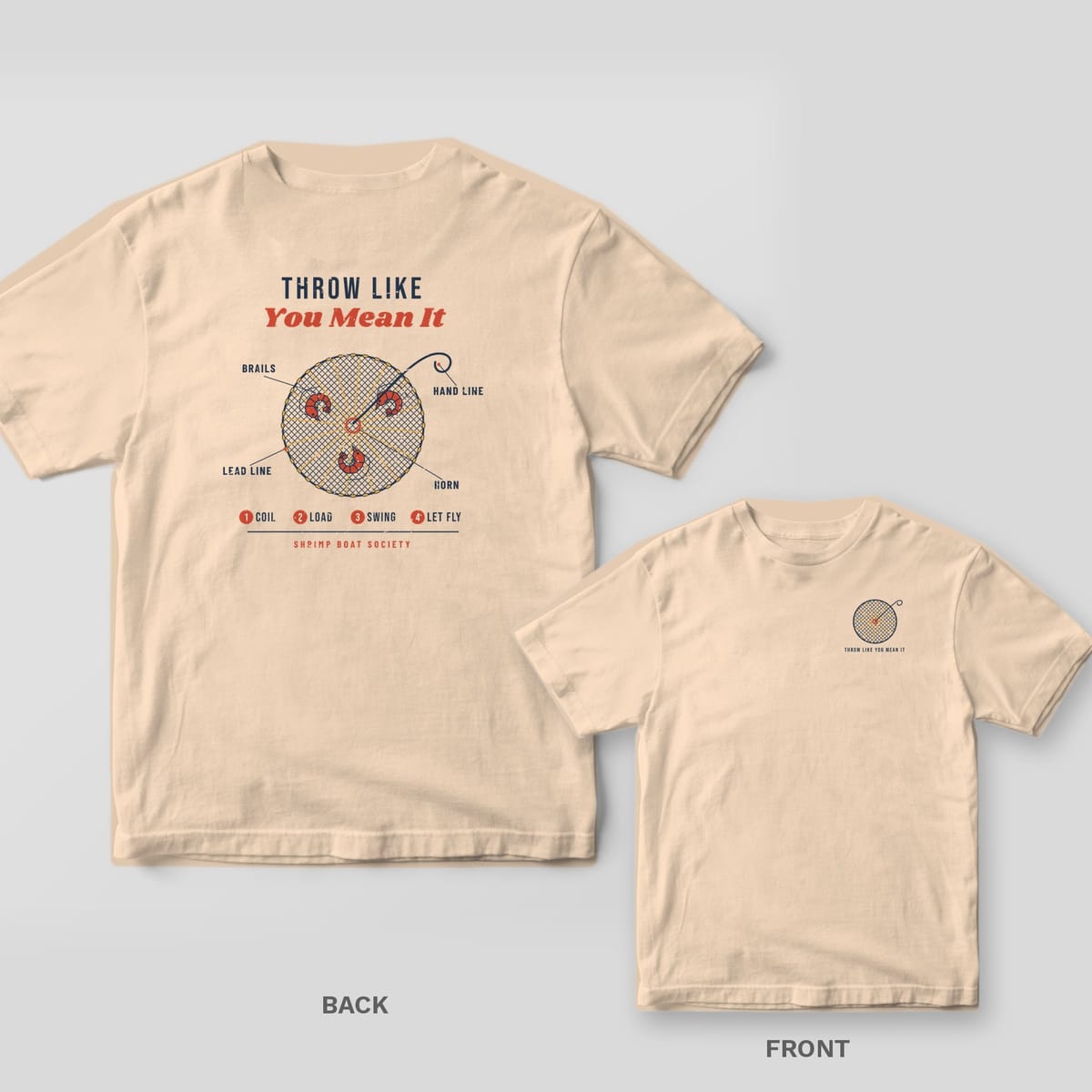 Ivory Comfort Colors tee back with a labeled cast net diagram and Throw Like You Mean It title, with the small net chest print inset