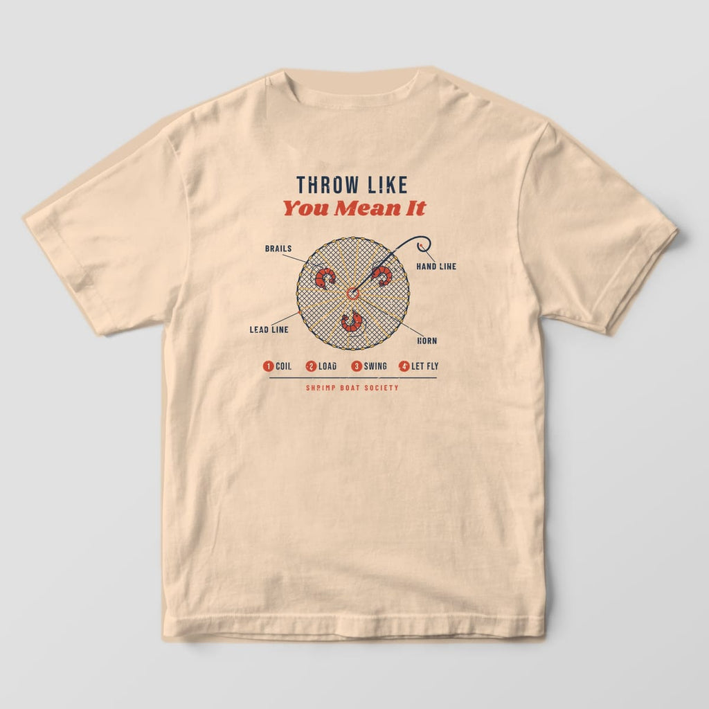 Back of an ivory Comfort Colors 1717 tee with the cast net diagram print