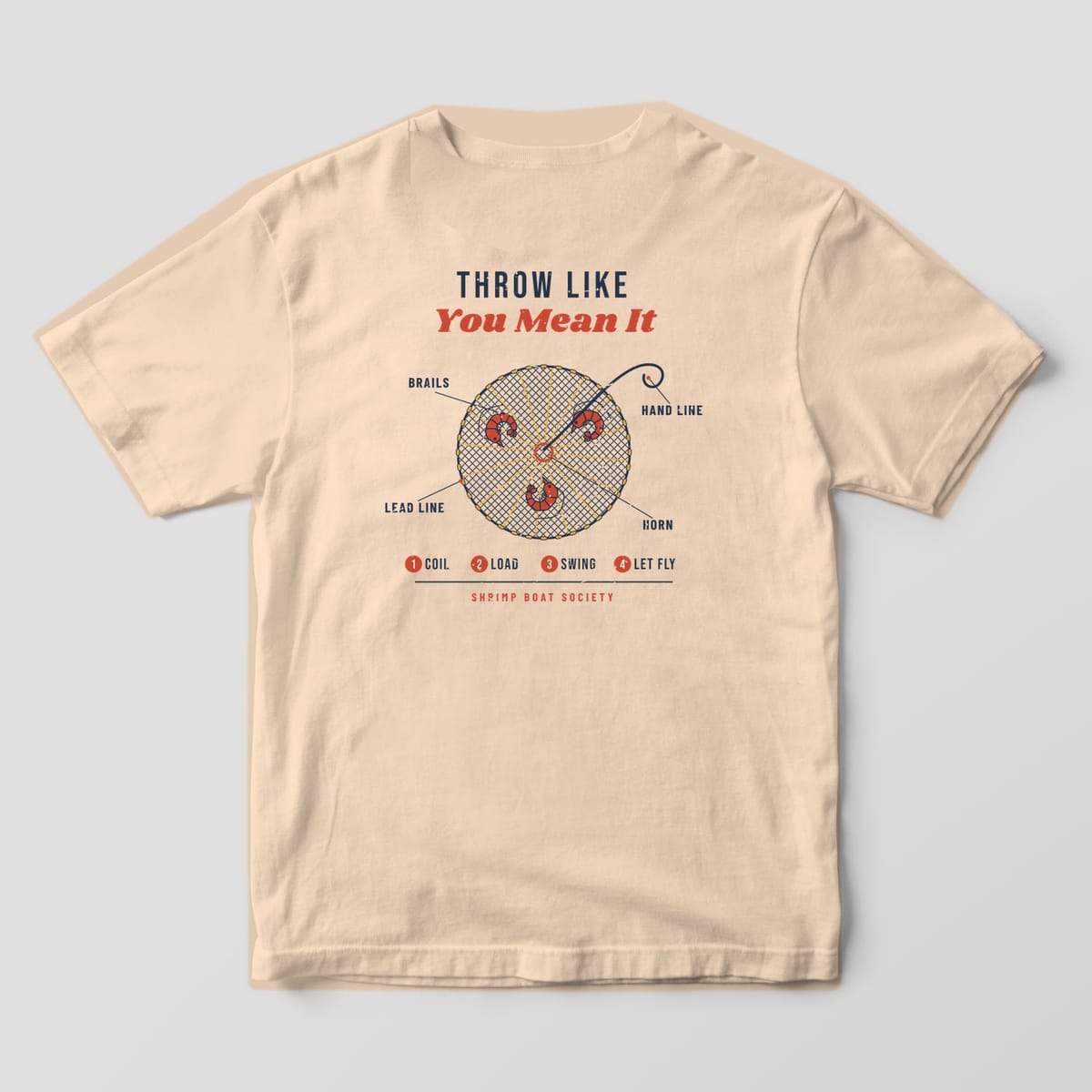 Back of an ivory Comfort Colors 1717 tee with the cast net diagram print