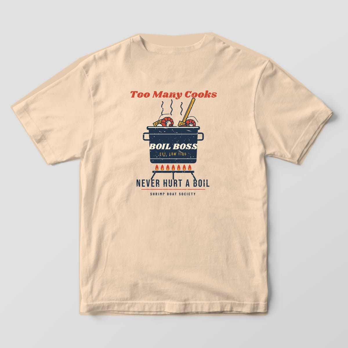 Back of an ivory Comfort Colors 1717 tee with the Boil Boss pot print