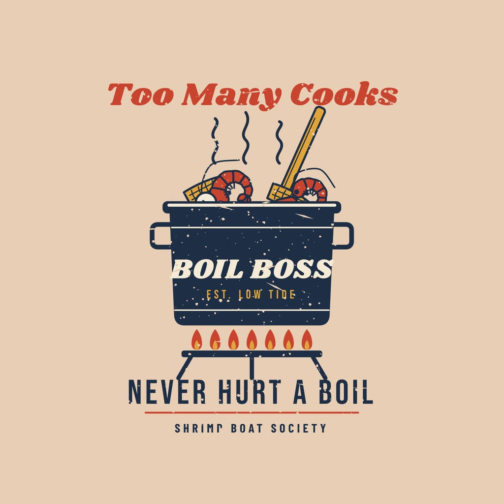 Close-up of the boil pot print: navy pot lettered Boil Boss, red and gold burner flames, paddle, shrimp and corn