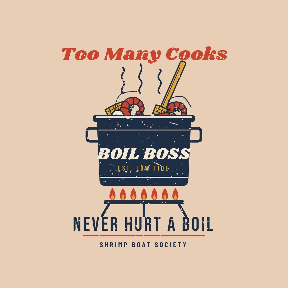 Close-up of the boil pot print: navy pot lettered Boil Boss, red and gold burner flames, paddle, shrimp and corn