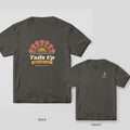 Pepper Comfort Colors tee back with a sunburst of shrimp tails over a gold sun and Tails Up lettering, with the small tail chest print inset