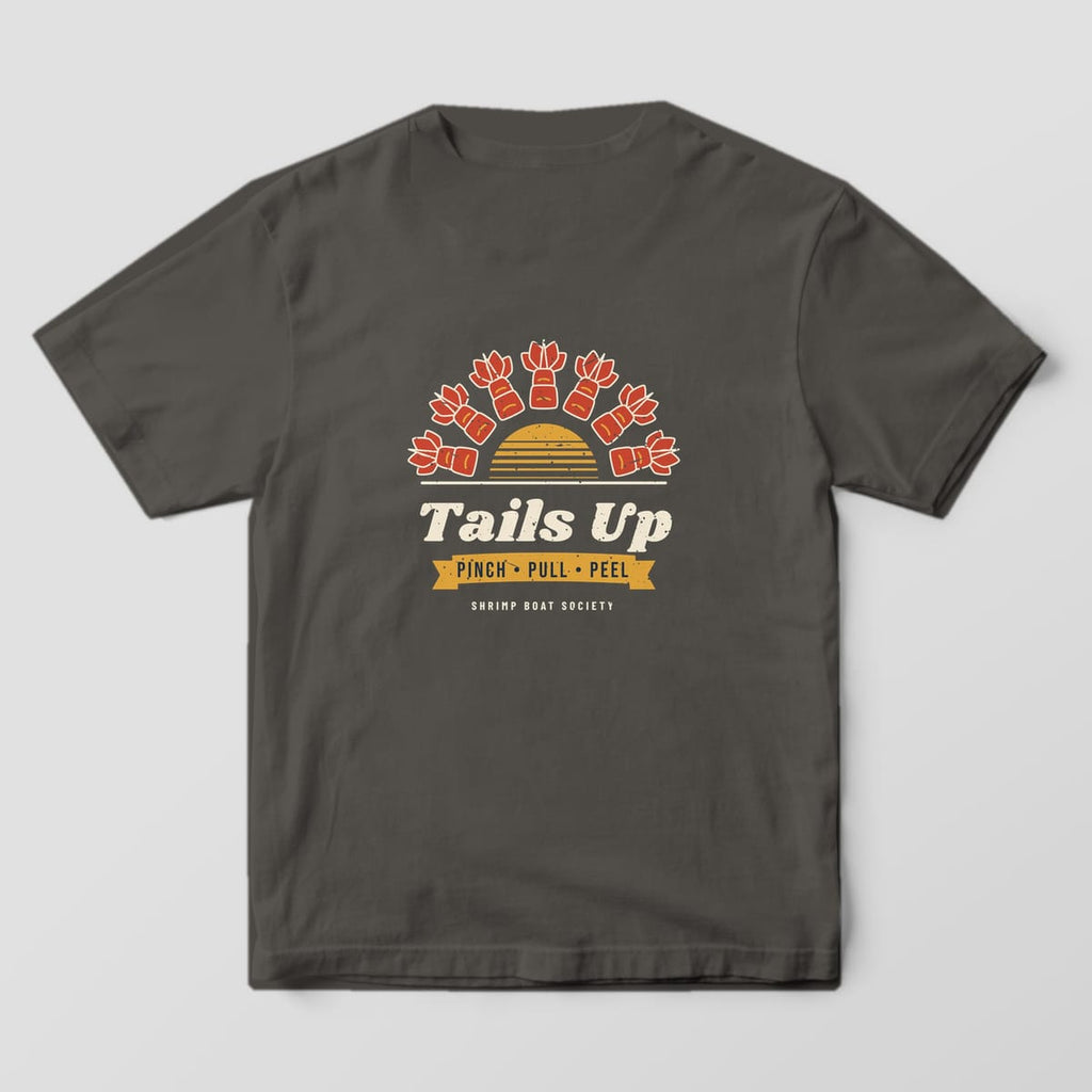 Back of a pepper Comfort Colors 1717 tee with the Tails Up shrimp sunburst print