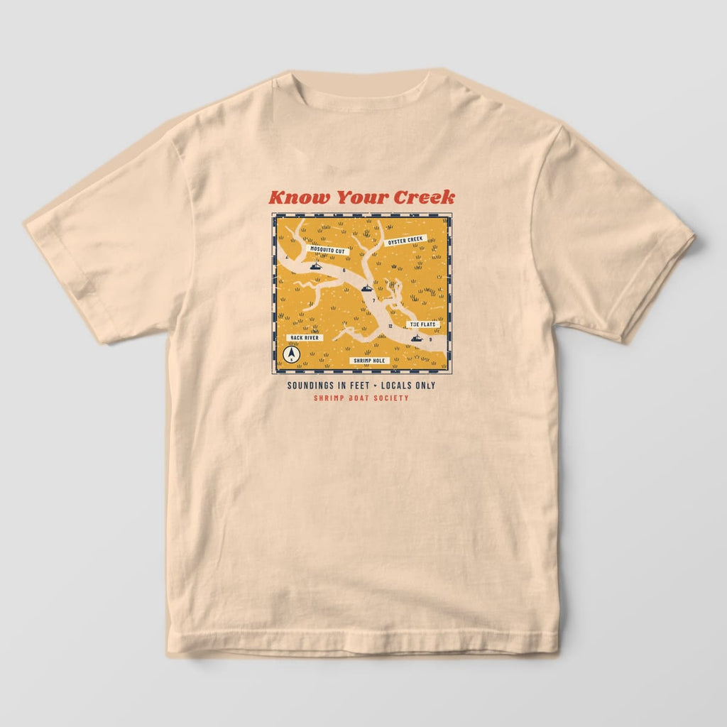 Back of an ivory Comfort Colors 1717 tee with the Know Your Creek marsh chart print