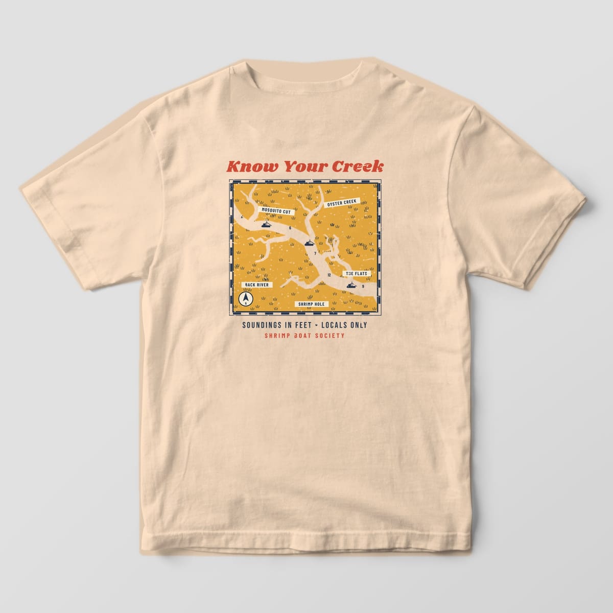 Back of an ivory Comfort Colors 1717 tee with the Know Your Creek marsh chart print