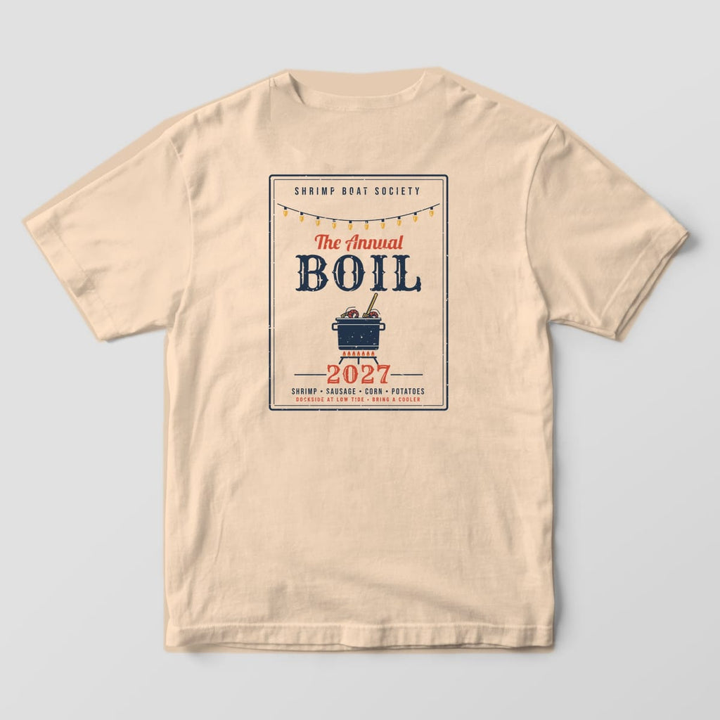 Back of an ivory Comfort Colors 1717 tee with the Annual Boil poster print and custom year