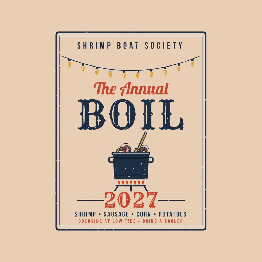 Close-up of the Annual Boil poster: navy border, gold string lights, red script, navy BOIL lettering, pot and red year
