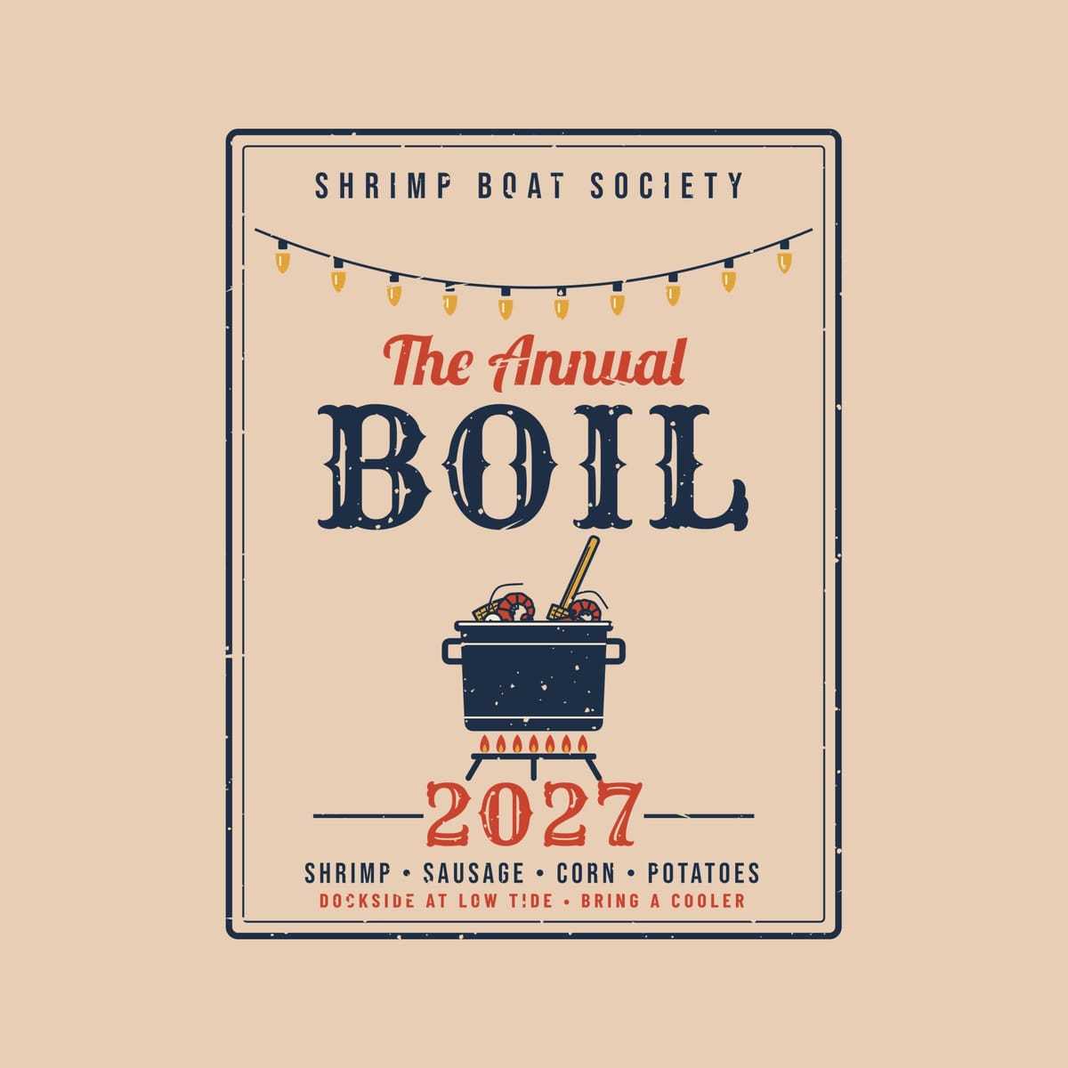 Close-up of the Annual Boil poster: navy border, gold string lights, red script, navy BOIL lettering, pot and red year