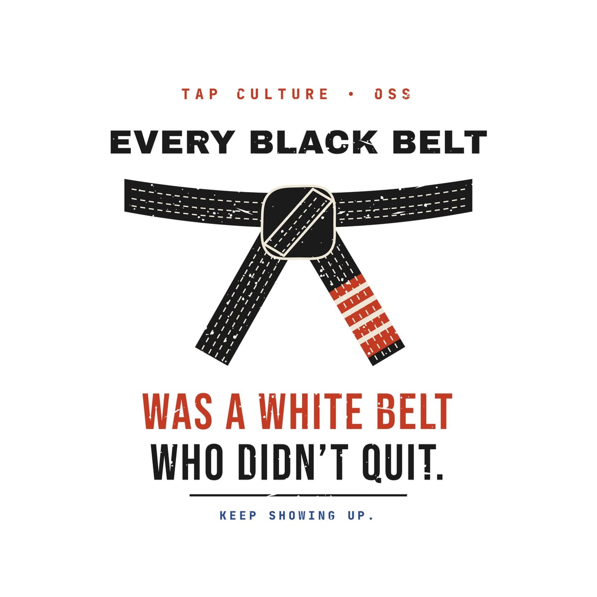 Close-up of the belt knot print showing the dashed stitching, red rank bar with stripes and distressed type.