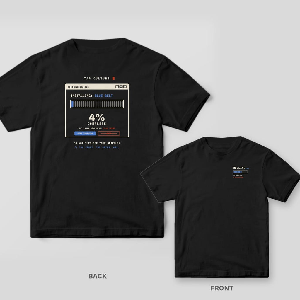 Black Comfort Colors tee, back and front: retro installer window reading BLUE BELT 4% COMPLETE, and ROLLING with a loading bar on the chest.