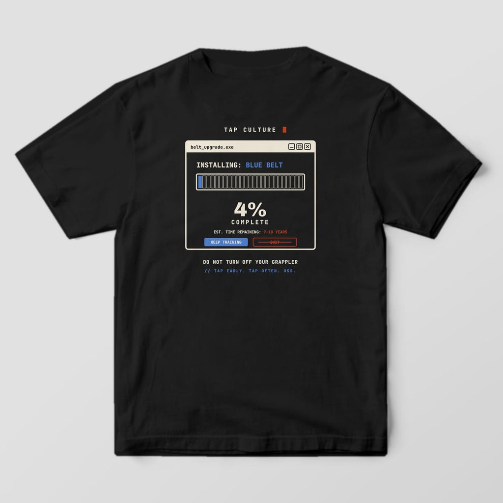 Back of a black Comfort Colors 1717 tee with a cream software window showing a blue belt install at 4 percent.