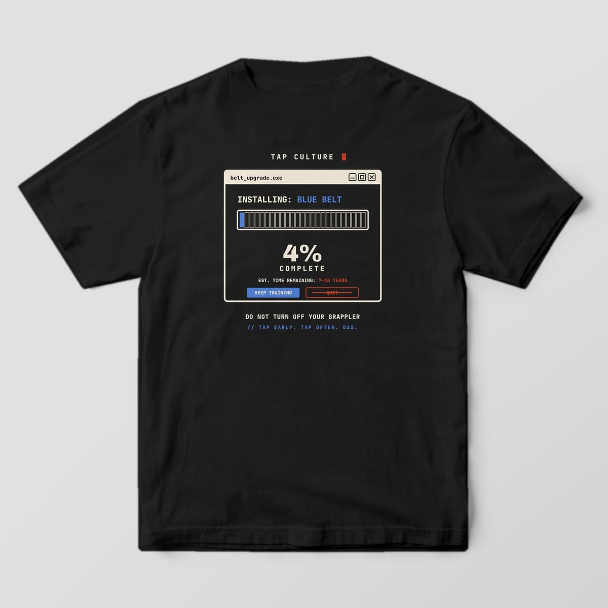 Back of a black Comfort Colors 1717 tee with a cream software window showing a blue belt install at 4 percent.