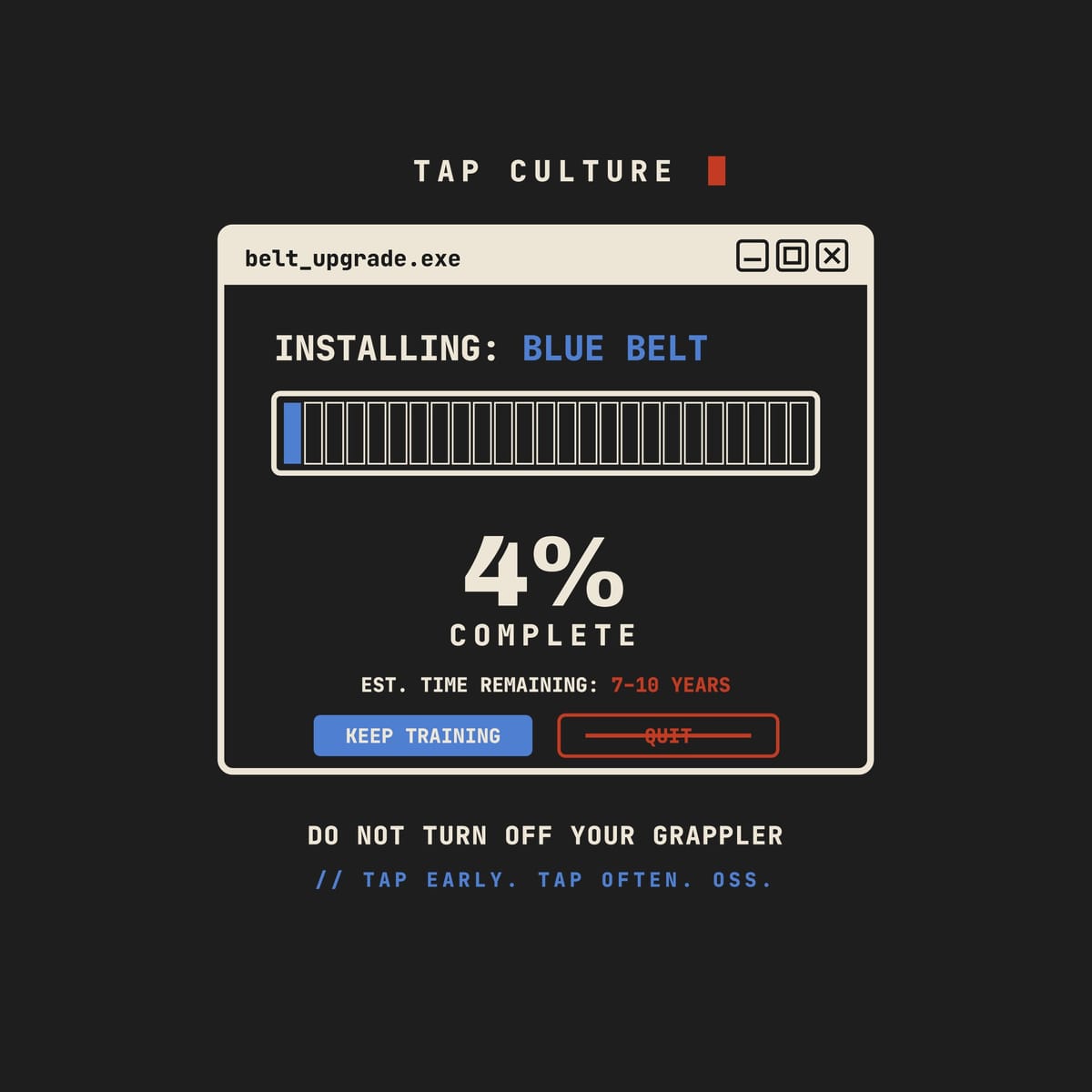 Close-up of the installer window print: progress bar, 4% COMPLETE, 7-10 YEARS and the crossed-out QUIT button.