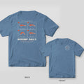 Blue Jean Comfort Colors tee, back and front: four-panel shrimp hip-escape drill with SHRIMP DAILY, and a round HIP ESCAPE CLUB badge on the chest.