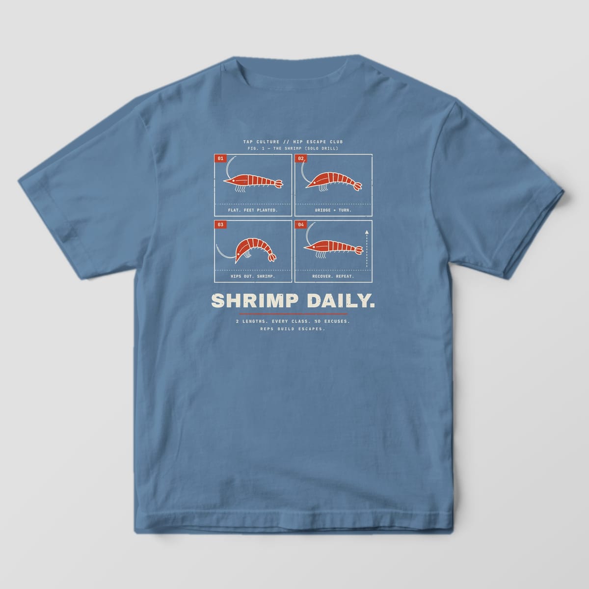 Back of a blue jean Comfort Colors 1717 tee with four cream-outlined panels showing a red shrimp doing a hip escape.