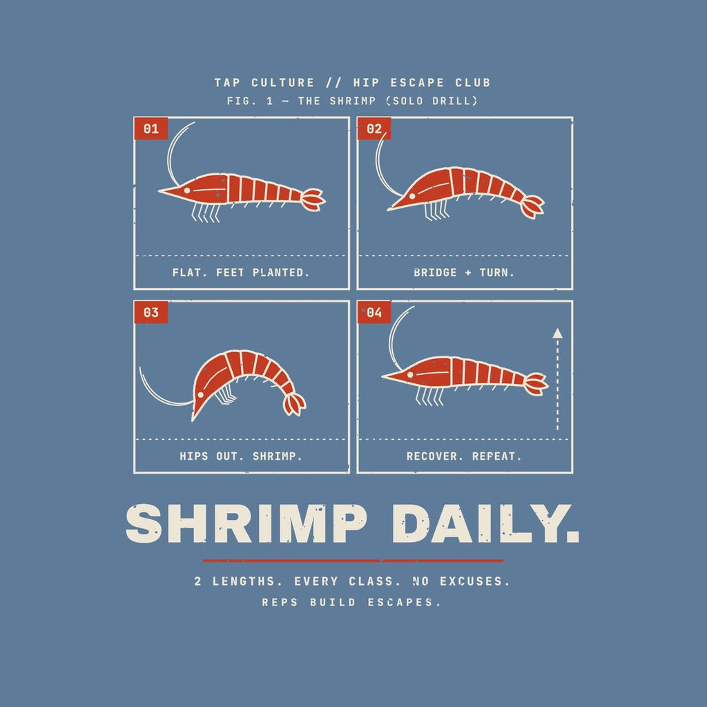 Close-up of the drill card print: numbered red tabs, shrimp line art and SHRIMP DAILY lettering.