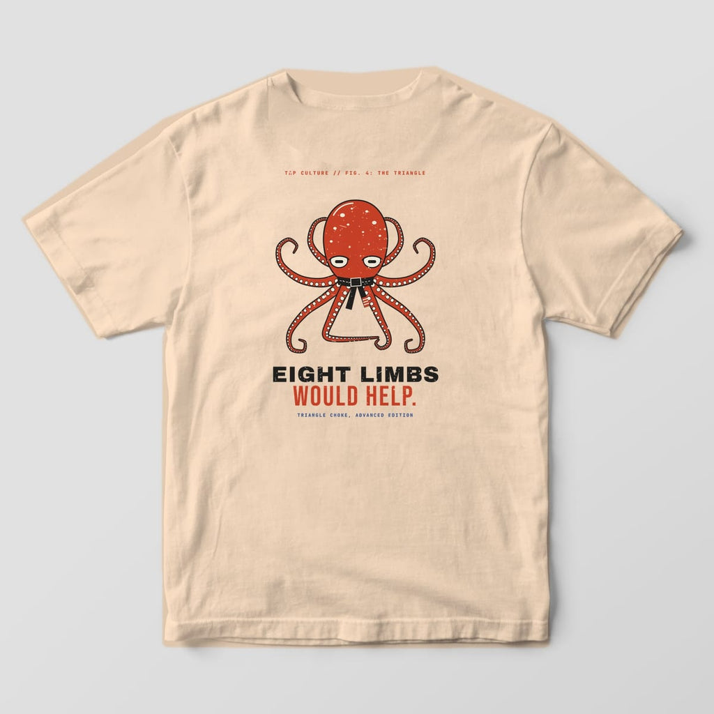 Back of an ivory Comfort Colors 1717 tee with a red octopus making a triangle shape with two arms and bold black and red text.