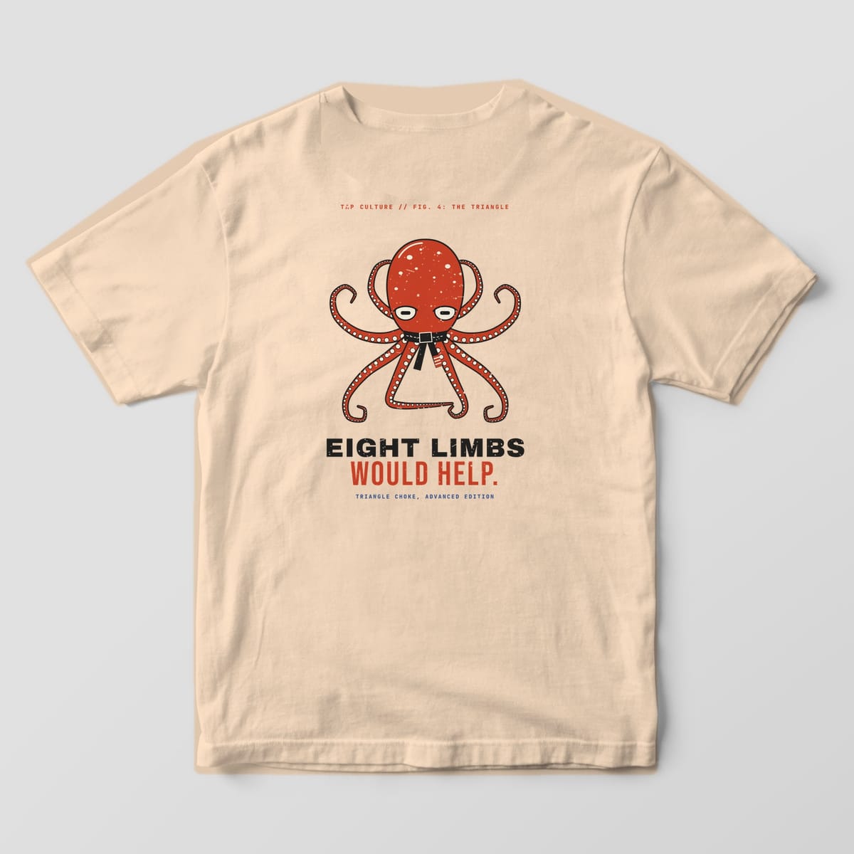 Back of an ivory Comfort Colors 1717 tee with a red octopus making a triangle shape with two arms and bold black and red text.
