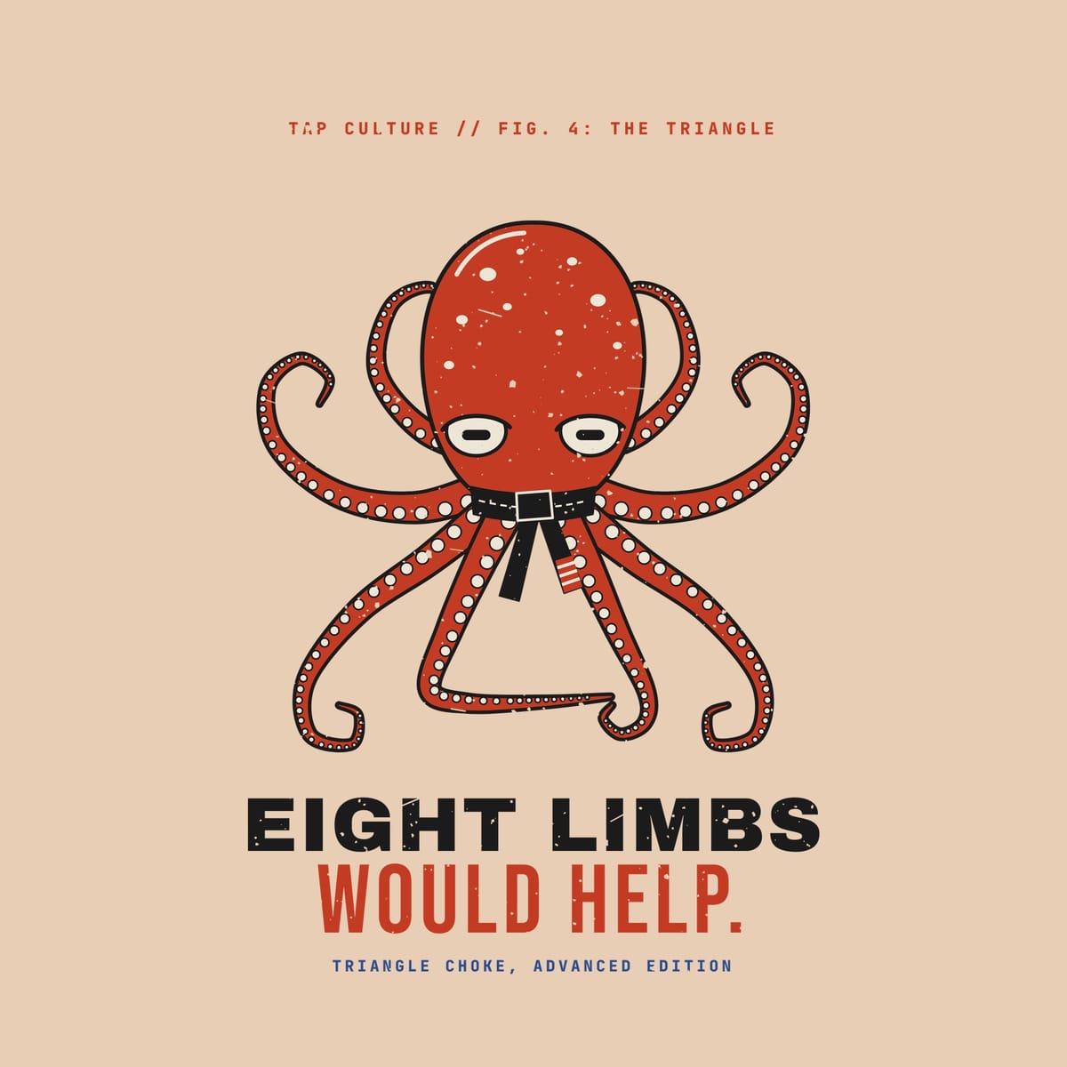 Close-up of the octopus print: cream suckers, heavy-lidded eyes, belt knot and the two arms locked in a triangle.