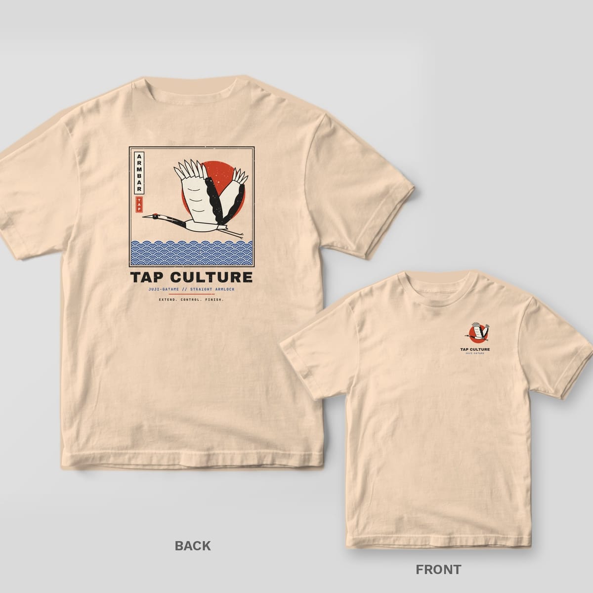 Ivory Comfort Colors tee, back and front: framed crane flying across a red sun over blue waves with ARMBAR, small crane and sun logo on the chest.