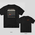 Black Comfort Colors tee, back and front: weekly class schedule where every slot says OPEN MAT, and a red OPEN MAT stamp on the chest.