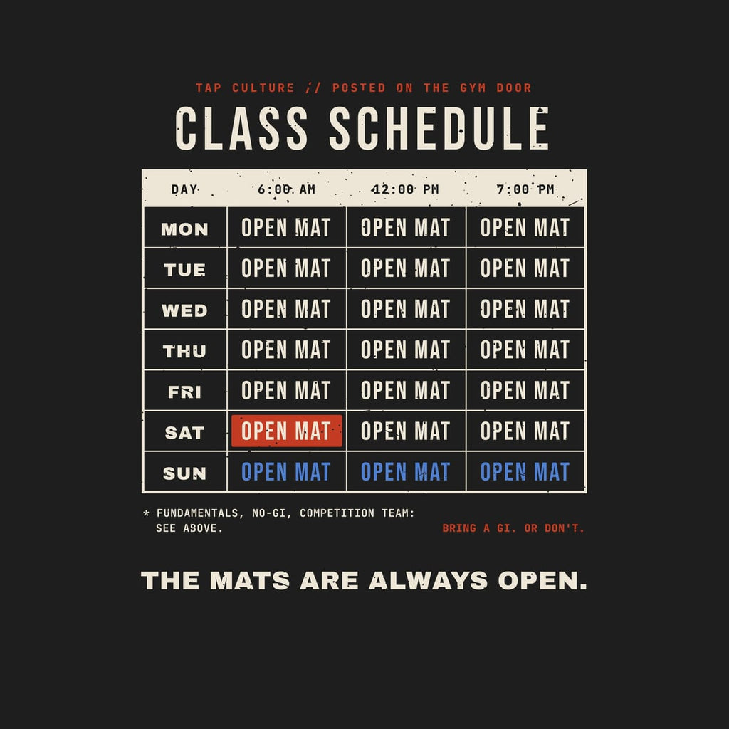 Close-up of the schedule print: MON to SUN rows, three time slots, red Saturday highlight and blue Sunday row.