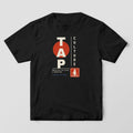 Black Comfort Colors tee with a full front print: cream stacked TAP over a red sun, vertical CULTURE lettering and a red tapping-hand seal.