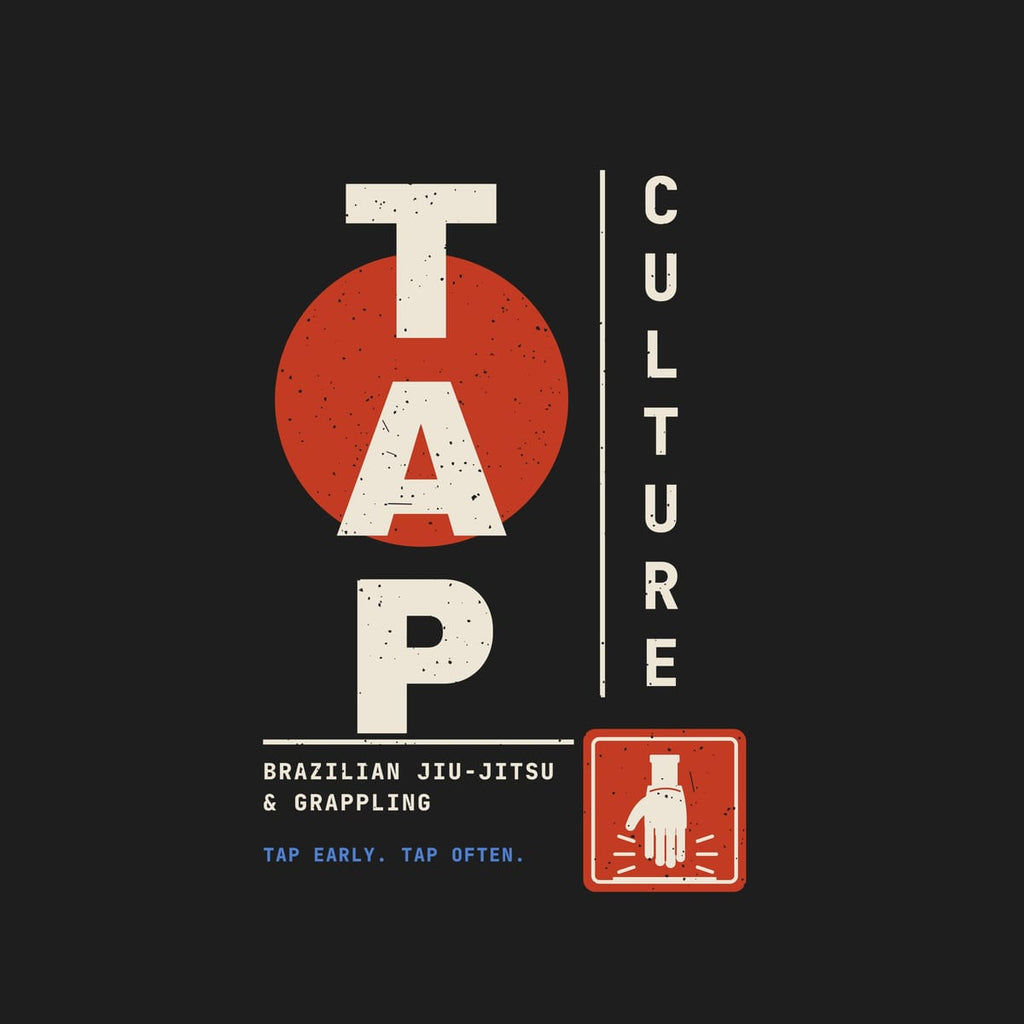 Close-up of the Tap Culture front artwork: stacked TAP over a red circle, CULTURE column, seal with a tapping hand and distressed texture.
