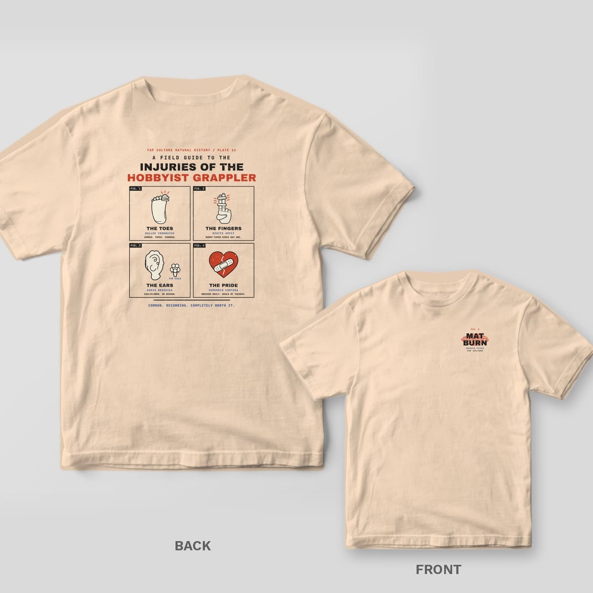 Ivory tee shown back and front: field-guide plate of grappling injuries on the back, MAT BURN chest print on the front.