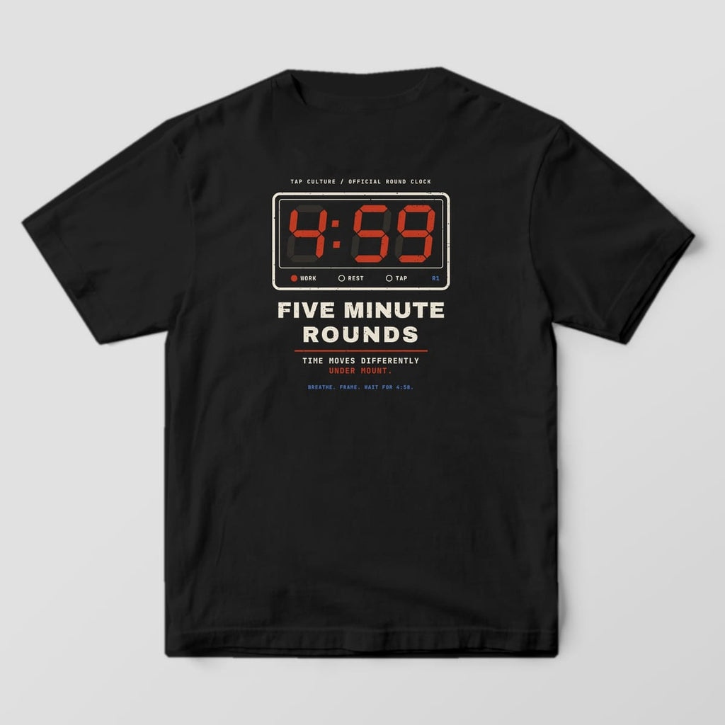Back of a black Comfort Colors 1717 tee with a cream-framed gym timer showing red 4:59 digits and Five Minute Rounds text.