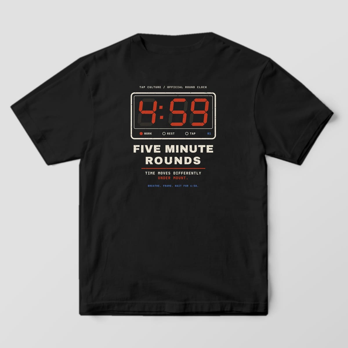 Back of a black Comfort Colors 1717 tee with a cream-framed gym timer showing red 4:59 digits and Five Minute Rounds text.