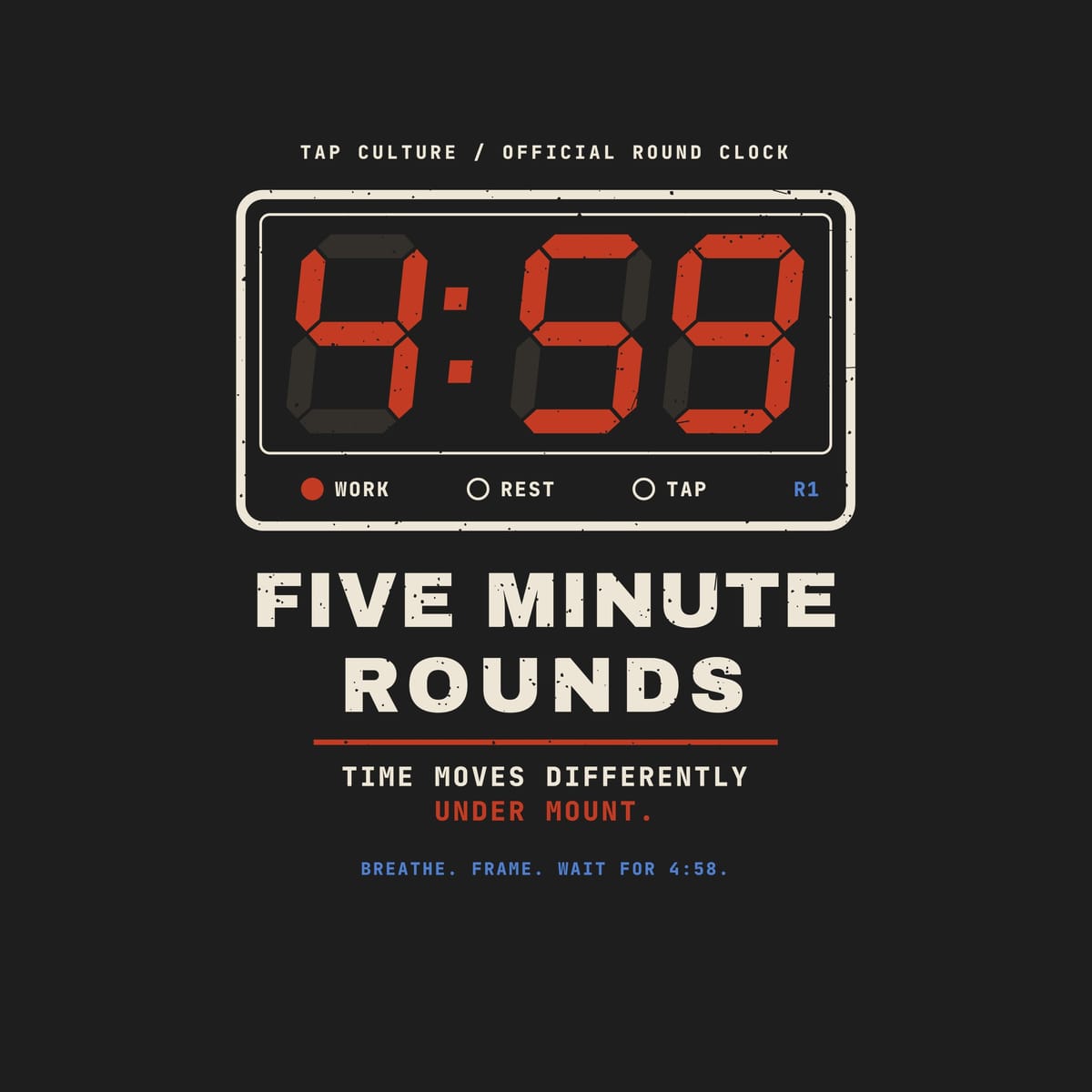 Close-up of the artwork: seven-segment red 4:59 display with unlit segments, indicator lamps and cream and red lettering.