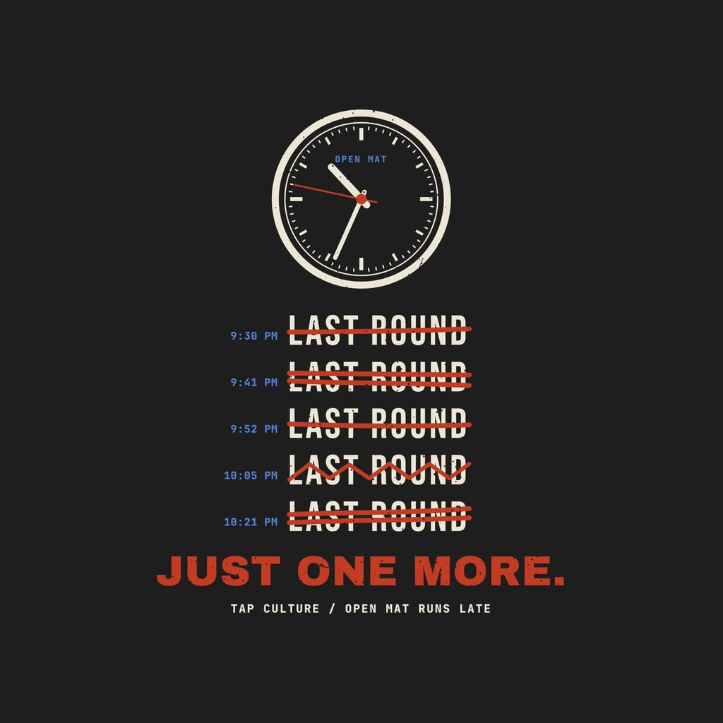 Close-up of the artwork: wall clock at 10:34, LAST ROUND five times with red marker strikes and blue timestamps.