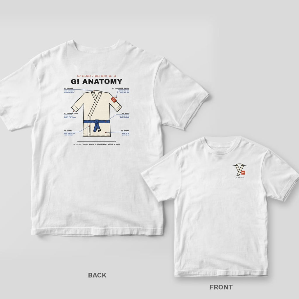 White tee shown back and front: Gi Anatomy diagram of a jiu-jitsu jacket with callouts on the back, crossed gi collar emblem on the chest.